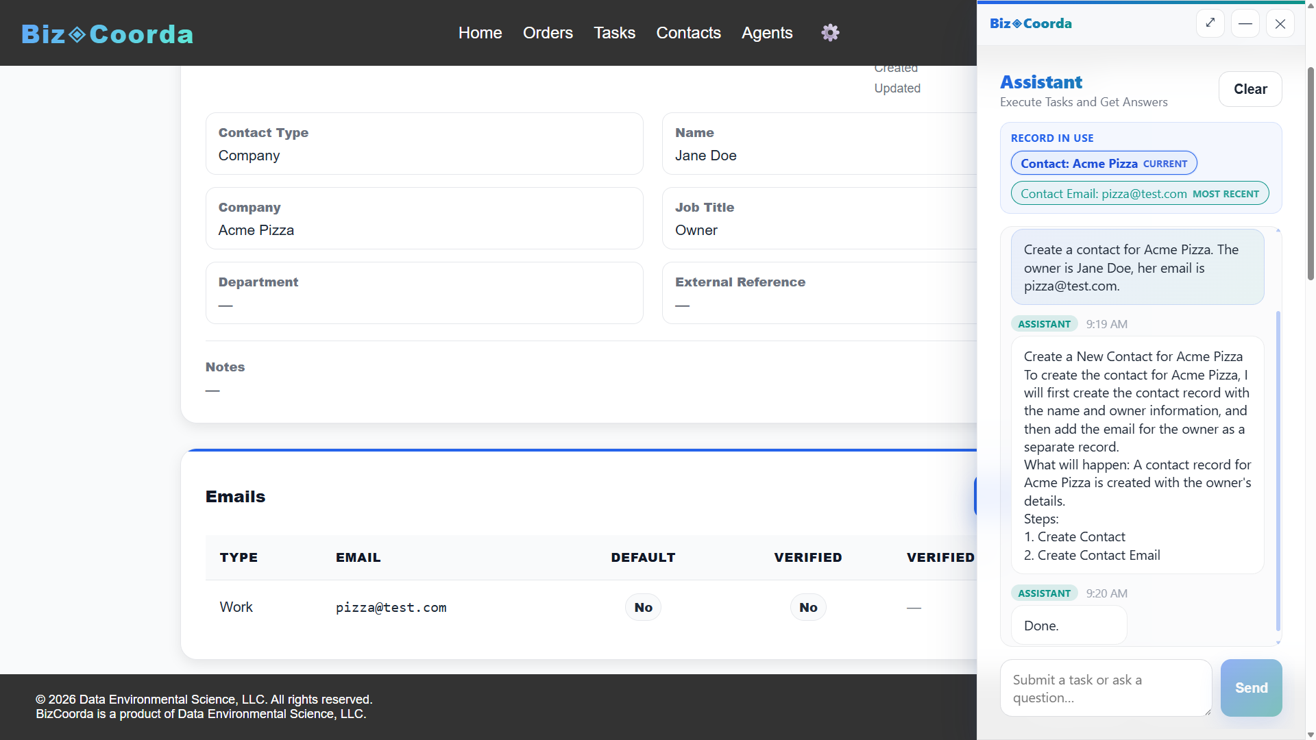BizCoorda contact management showing a contact created by the AI Business Assistant.